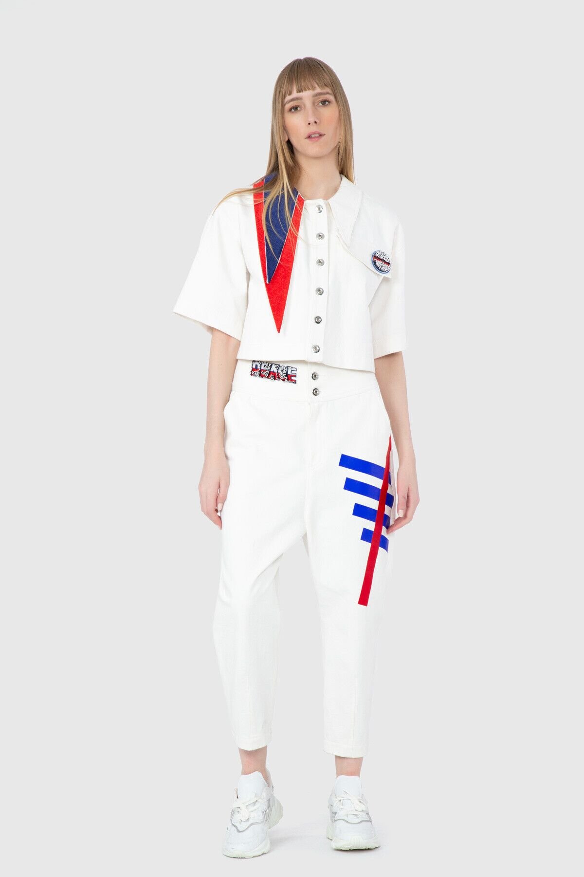 Yüksek Bel Baskı Ve Nakış Aplike Detaylı Şalvar Beyaz Pantolon
