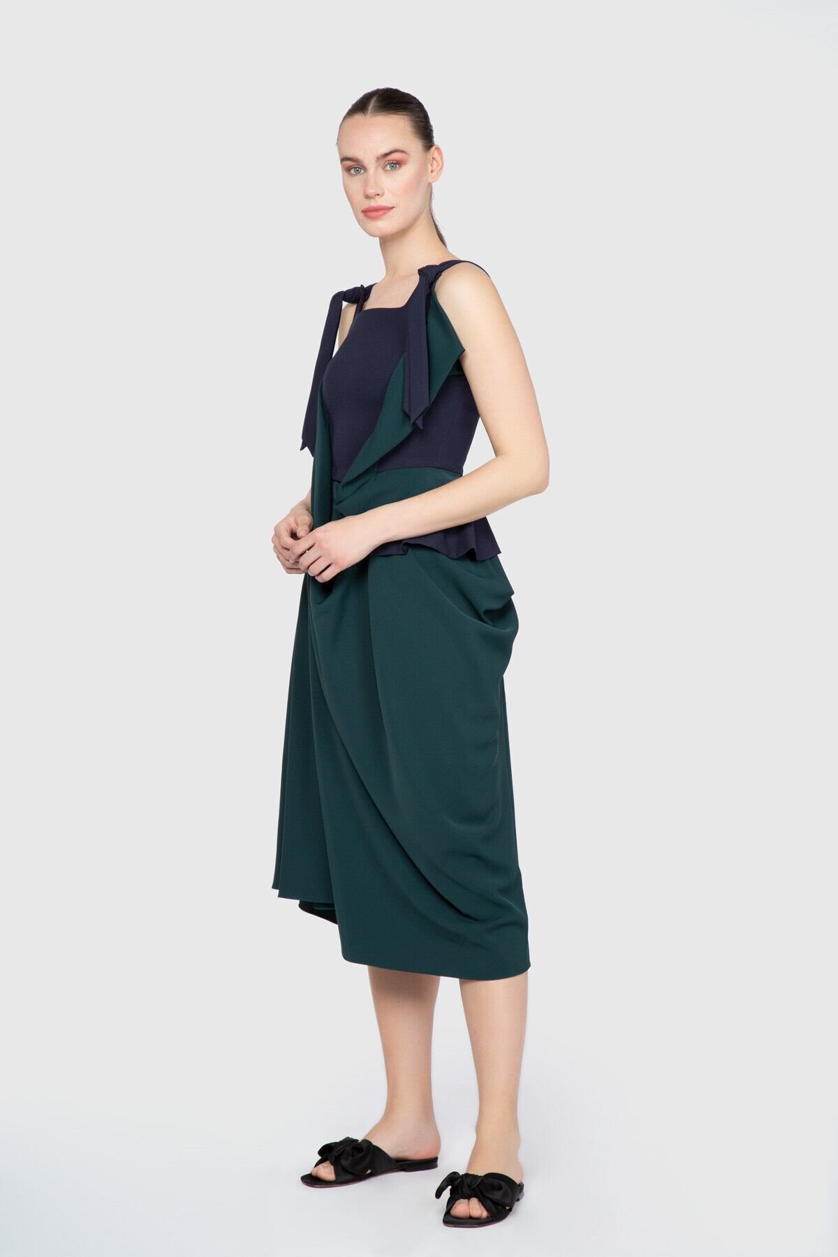 Asymmetrical Fold Detailed Midi Length Dress