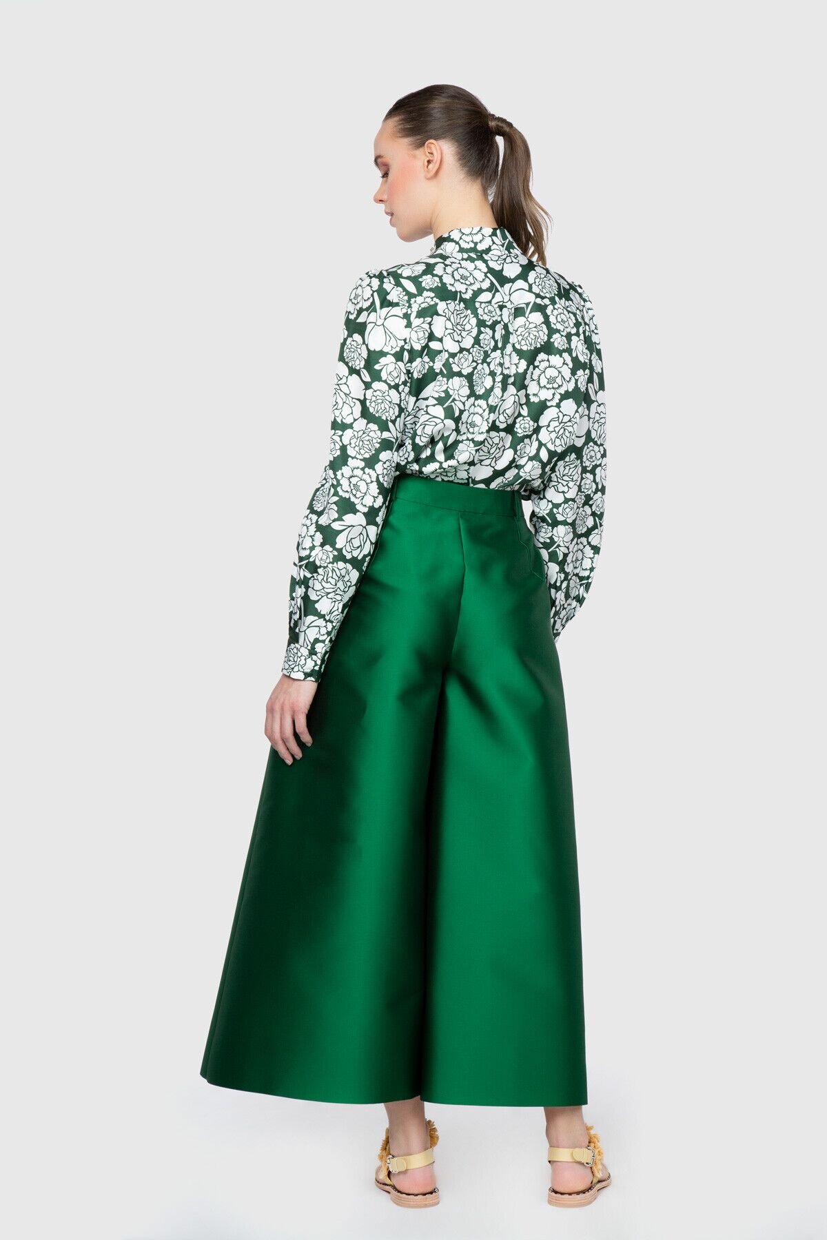Embroidered Collar Detailed Patterned Green Blouse