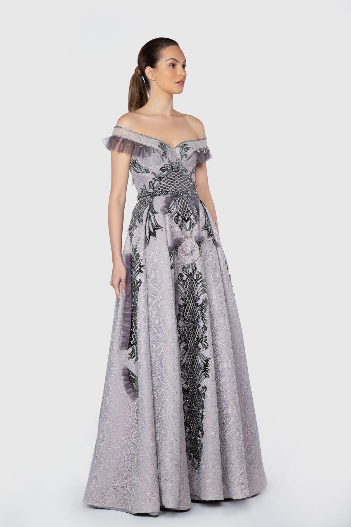  Zeynep Tosun Embroidered Detailed Off Shoulder Gray Design Dress