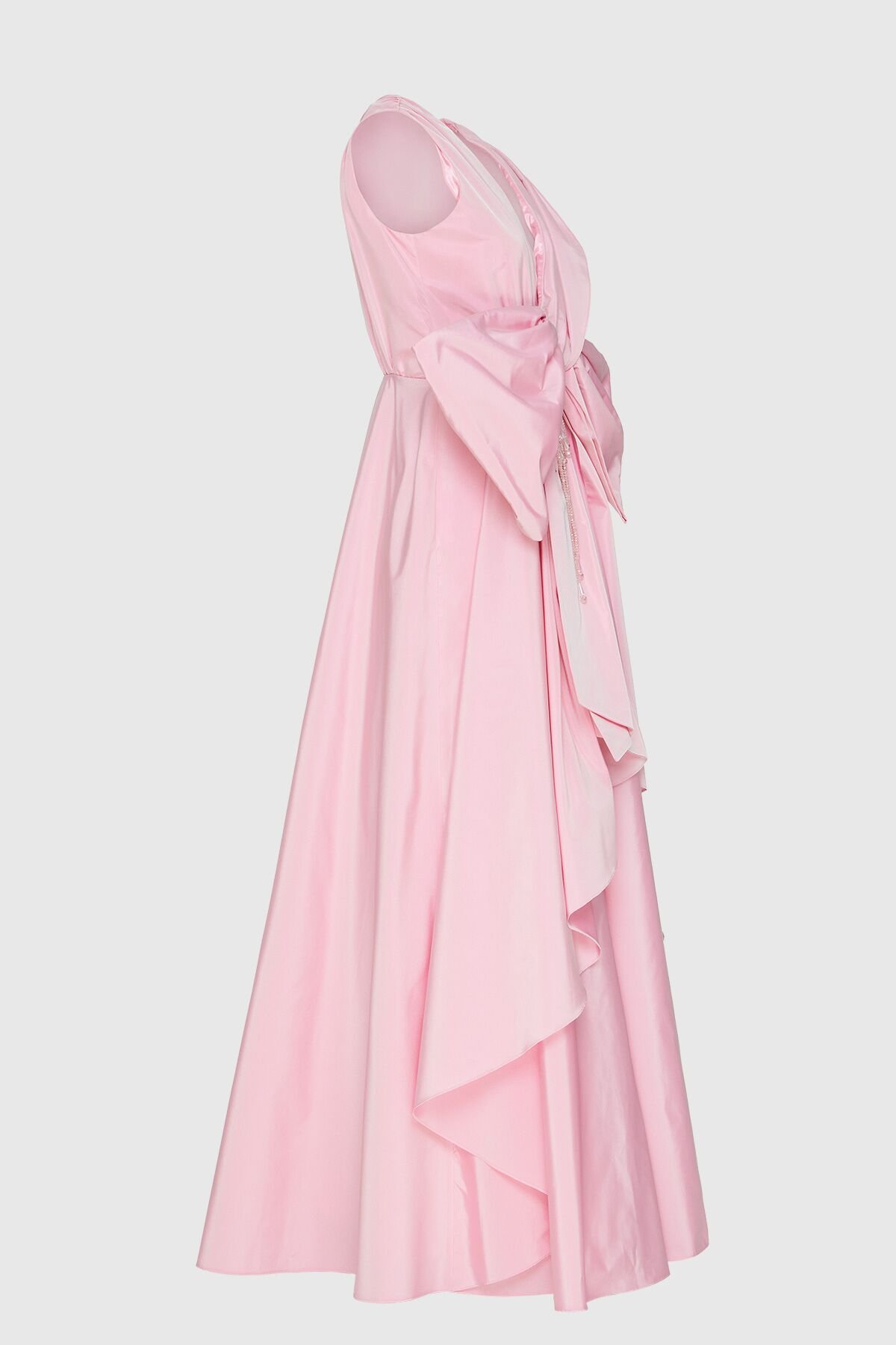 Long Pink Evening Dress with Front Bow and Embroidered Detail