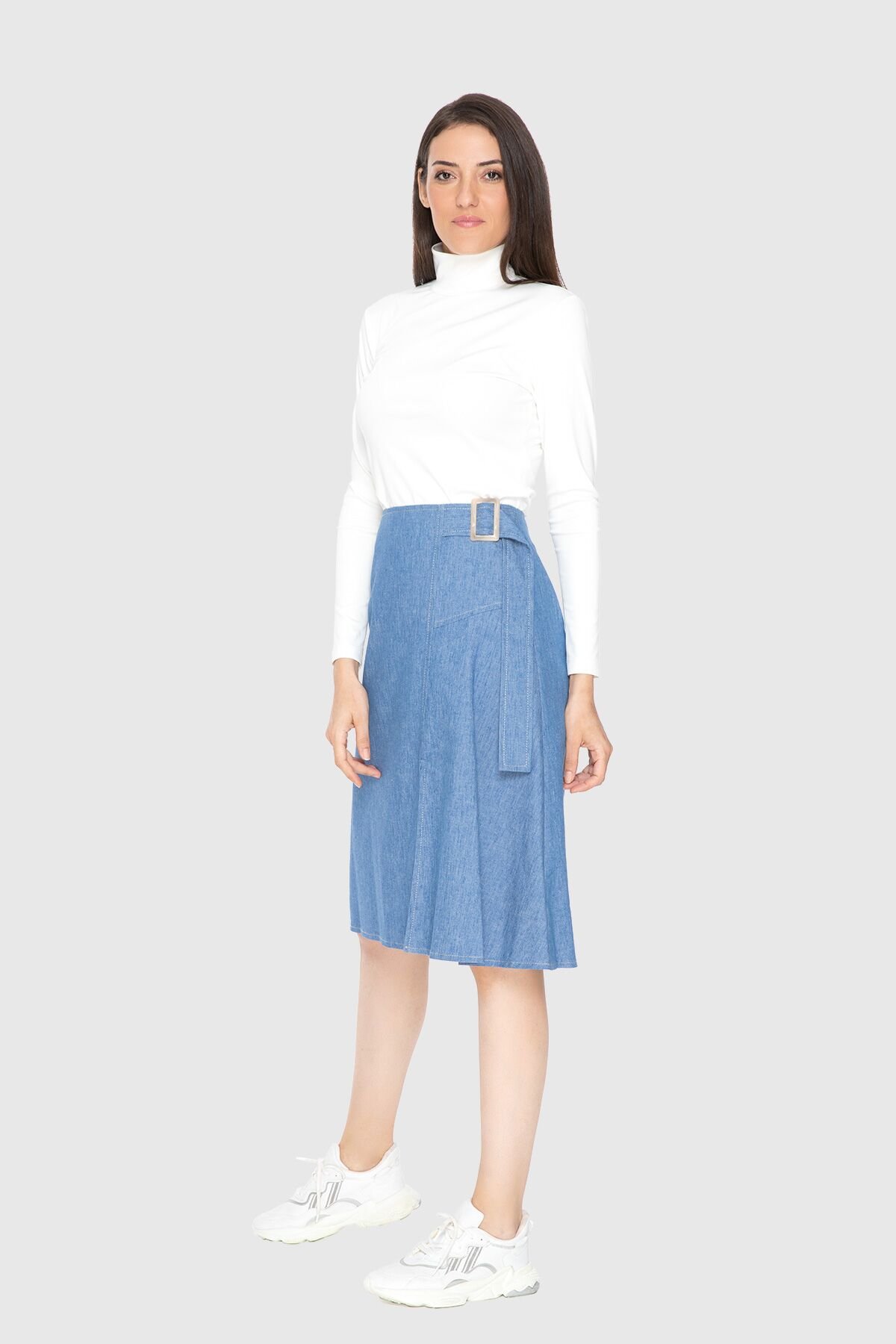 Belt Detailed Blue Skirt