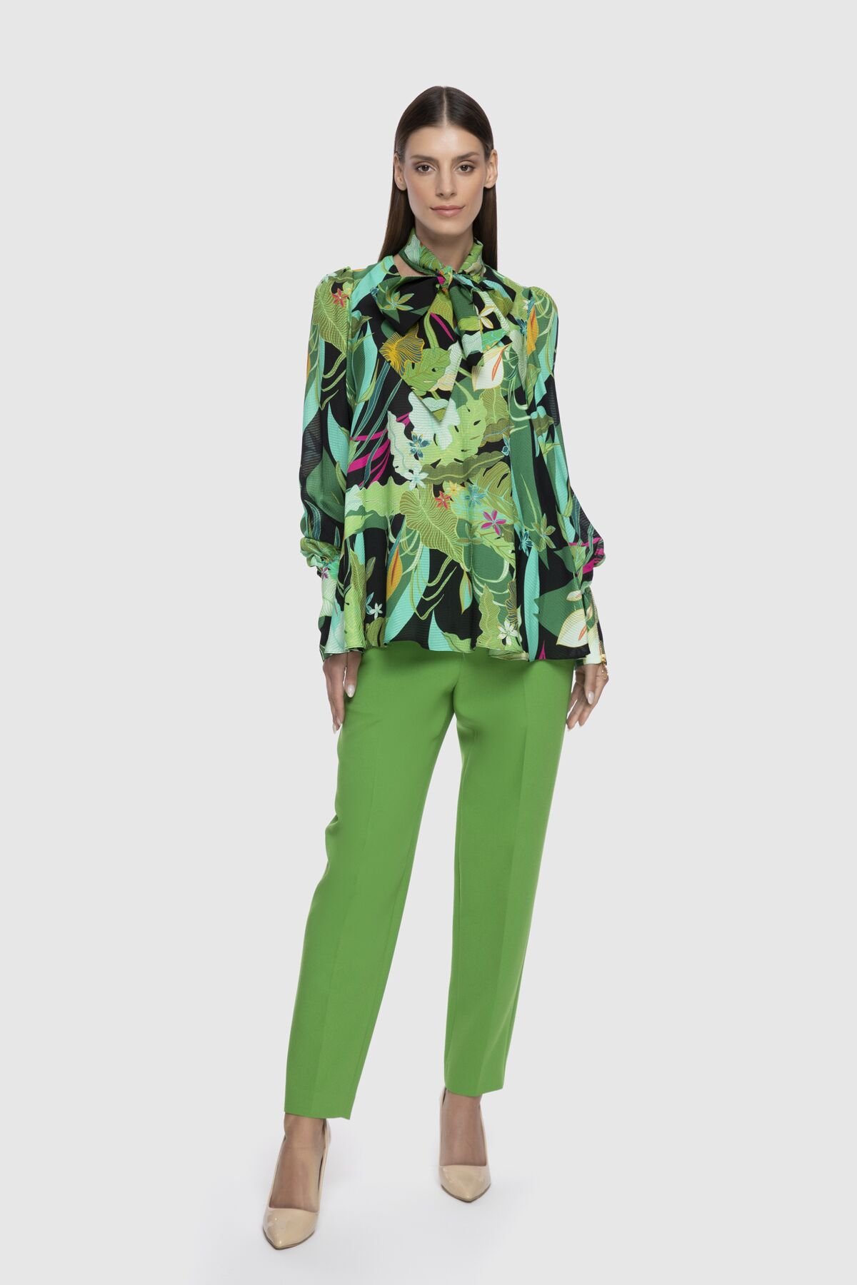Tie Collar Patterned Green Blouse