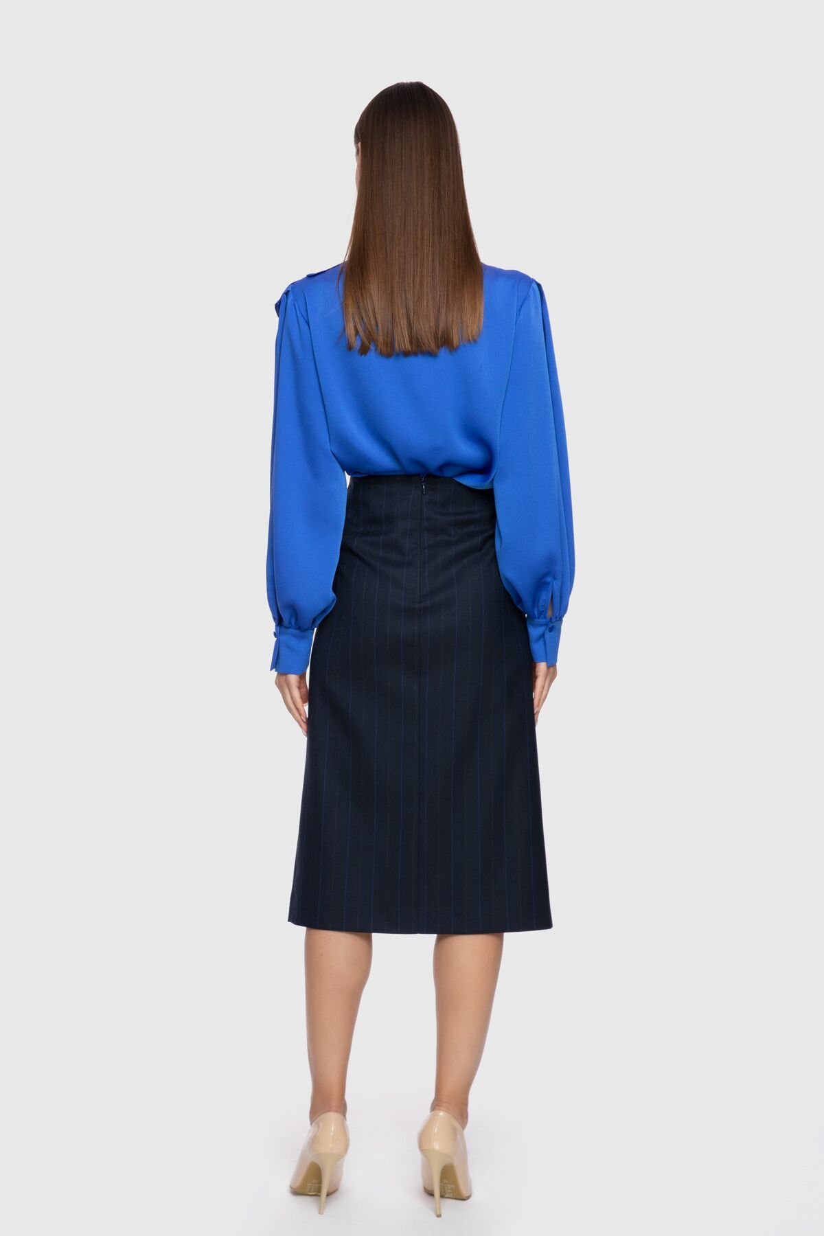 Asymmetrical Draped Detailed Navy Blue Pencil Skirt
