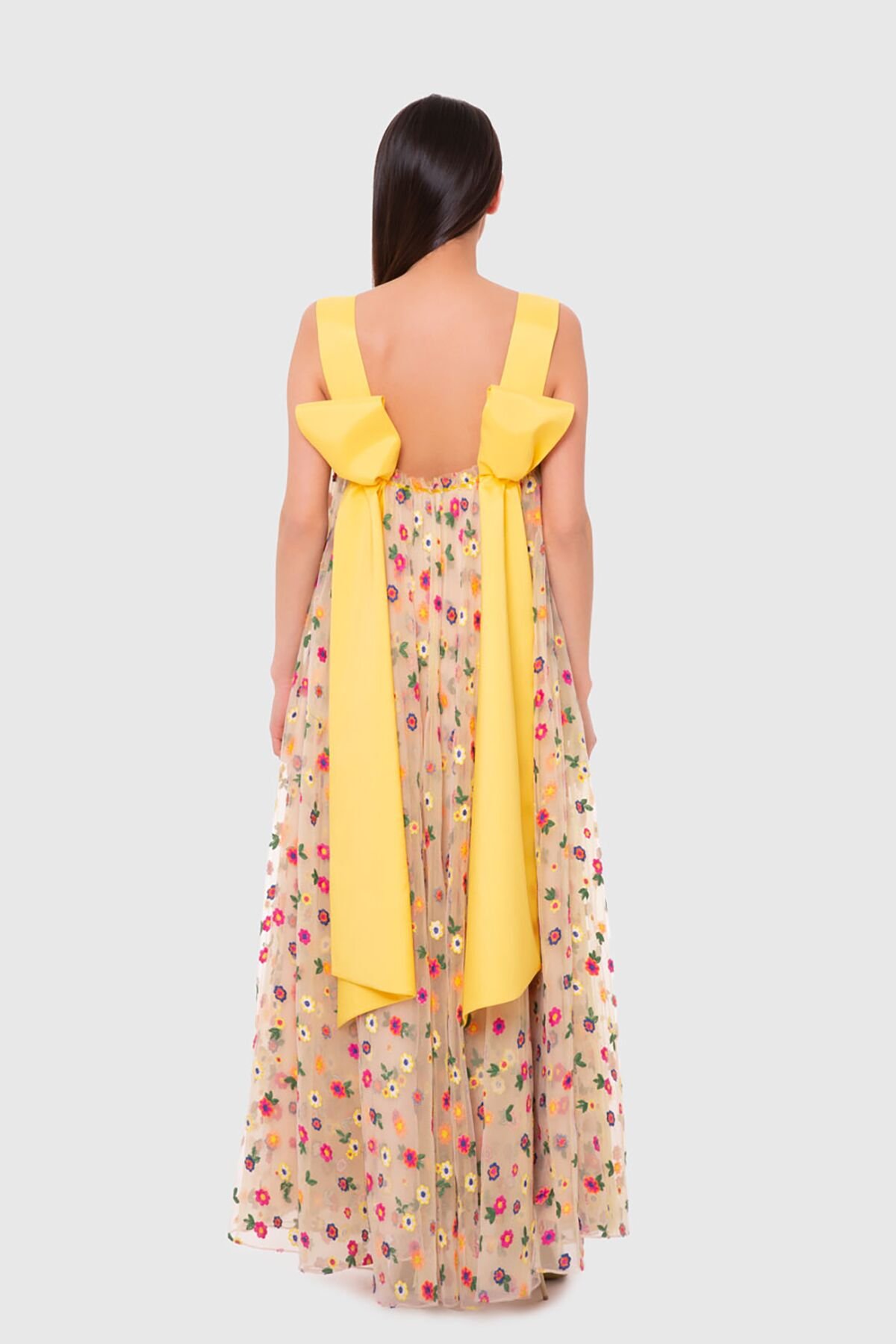 Fiyonk Detaylı Çiçek Desenli Renkli Elbise