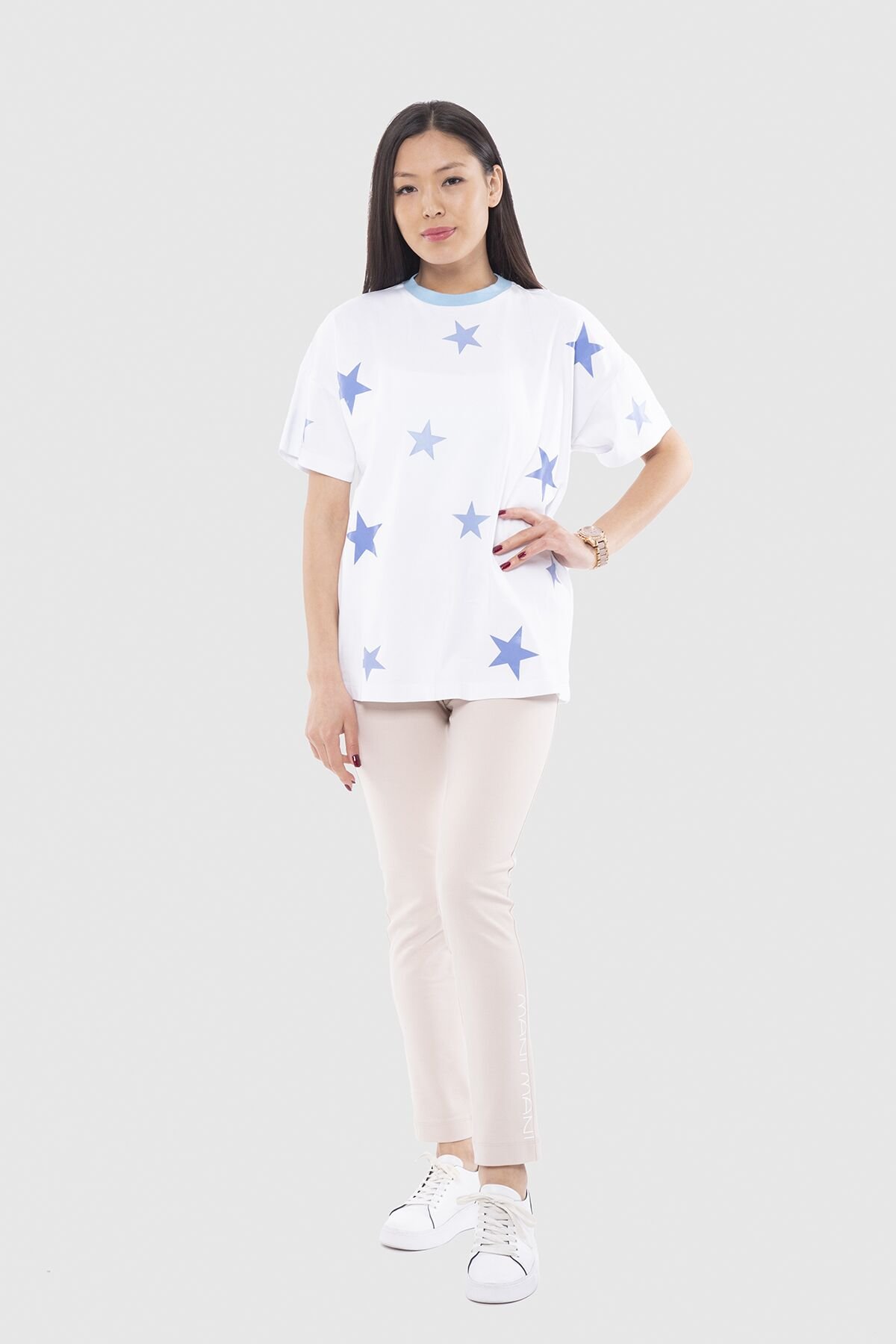 Star Printed Crew Neck Oversize White T-shirt