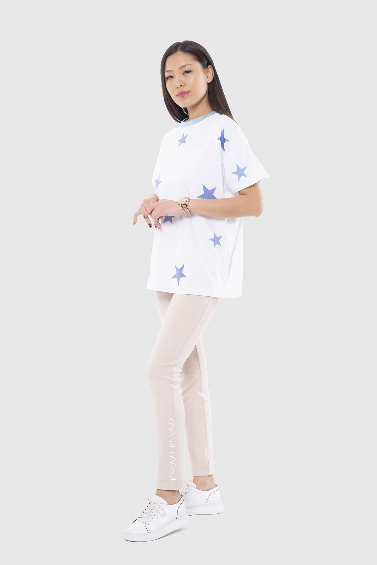 Star Printed Crew Neck Oversize White T-shirt